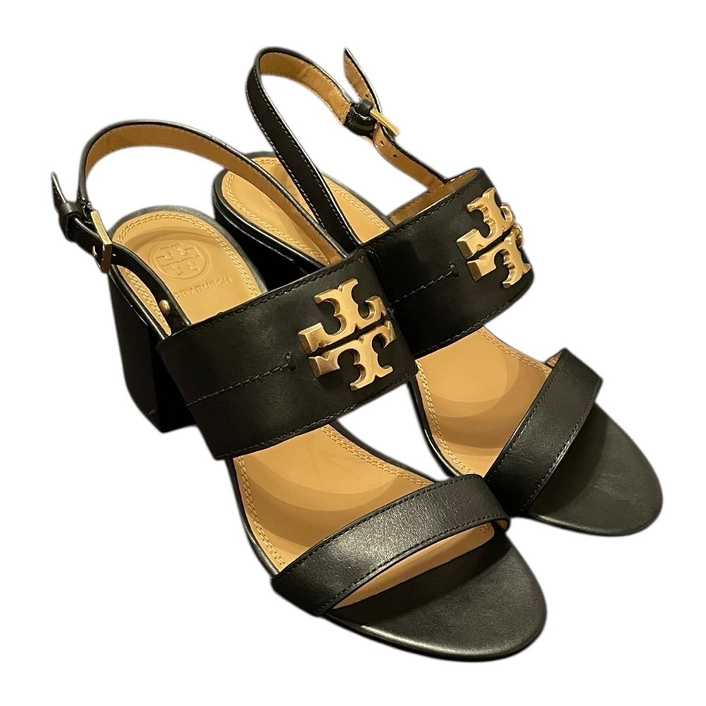 TORY BURCH | Women’s Black Everly 65MM Gold Logo Calf Leather‎ Sandals Size 8.5